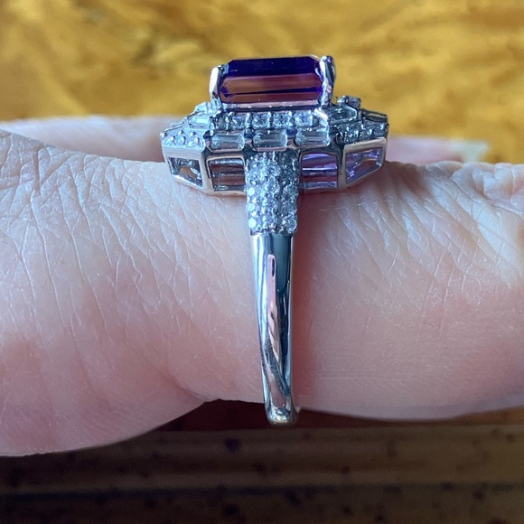 African Amethyst Moissanite Sterling Silver Art Deco Ring Size 9